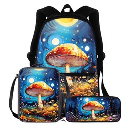 BIGCARJOB Girls School Bags Mushroom Backpack Set with Lunch Bags Pen Holder Set 3 Pcs Children Toddle Back to School Bookbags Mushroom Print Rucksack Travel Bags Schoolbags for Girls Teens 5-10 Age