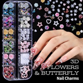Teenitor Juego de dijes de uñas y herramientas de arte de uñas, kit de arte de uñas con 5 cajas de dijes de uñas 3D y diamantes de imitación de gemas,