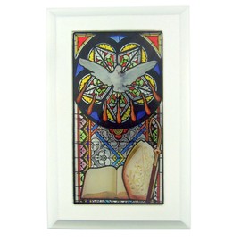 Jewelry Music Box Catholic Religious Confirmation Stained Glass White Wood Musical Jewelry Box, 6 1/2 Inch