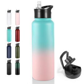 VEGOND 40 oz Insulated Water Bottle Stainless Steel Metal Water Bottles with Leak Proof Straw Lid & Spout Lid, Wide Mouth Double Walled Vacuum Travel Sports Bottle Cup, Green Pink