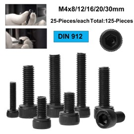 FandWay Hex Socket Head Cap Machine Screw, Black 12.9 Grade Alloy Steel, M4x8/12/16/20/30mm Cheese Head Bolts Allen Socket Drive Screws Assortment Set With Allen Key(25-Pieces/each)