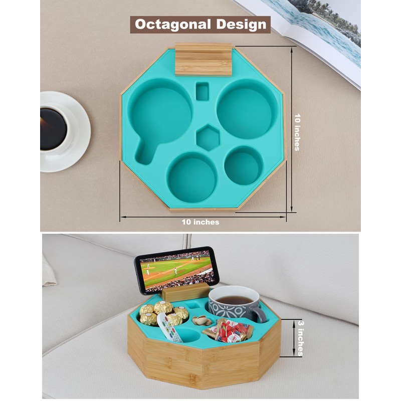 Hitseon Couch Cup Holder Tray, Octagonal Silicone Bamboo Sofa Cup