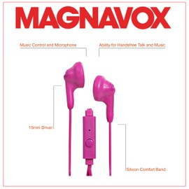Magnavox MHP4820M-PK Gummy Earbuds with Microphone in Pink | Available in Pink, Purple, White, Black, & Blue | Earbuds Gummy | Extra Value Comfort Stereo Earbuds | Durable Rubberized Cable |