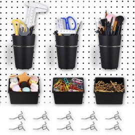 CIOUYAOS 6 Sets Pegboard Bins Peg Board Cups with Rings and 10pcs Hooks, Pegboard Holder with Loops Utility Assortment Storage Organizing for Office Craft Workshop Garage Workbench Tools Accessories