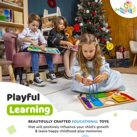 deMoca Sensory Busy Board for Toddlers, Premium Wooden Toddler Busy Board for 1 2 3 Year Old with 10 Educational Activities for Fine Motor Skills, Fidget Activity Toy for Travel