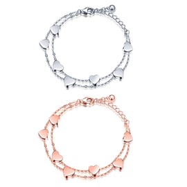 Feilok Women's Layered Bracelet Hearts Bracelet Double Chain Bracelet Delicate Bracelet Made of Stainless Steel for Women Girls, Stainless Steel