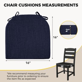 downluxe Indoor Chair Cushions for Dining Chairs, Soft and Comfortable Textured Foam Kitchen Chair Pads with Ties and Non-Slip Backing, 16" x 16" x 2", Navy, 2 Pack