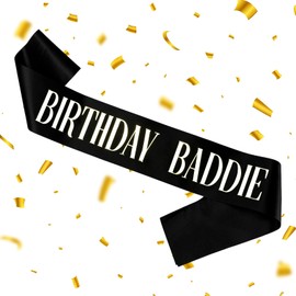 GLITZJOY Birthday Sash, BIRTHDAY BADDIE Sash Black Glitter Sash with Silver Foil Sparkly Satin Birthday Sash for Women Girls Men Decorations for Party Supplies