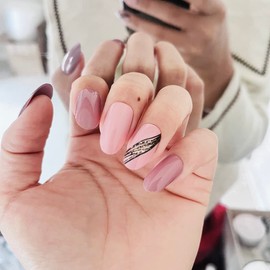 Almond Oblique Gold Thread French Designs 24 Pcs Cute Pointed Oval Shape Press on Nails Pink Full Coverage Short Length Fake False Nails, Art for Women and Girls Stick on Nails