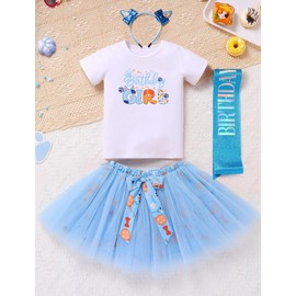 FYMNSI Baby Kids Girls 1st 2nd 3rd 4th 5th 6th Birthday Outfit Short Sleeve Top + Tutu Skirt + Headband + Sash 4-Piece Set, blue