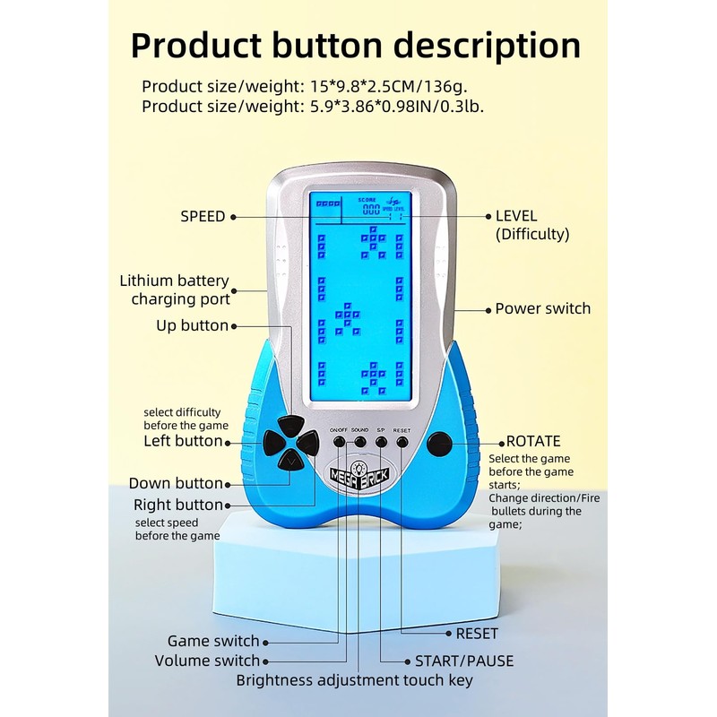 LZYCH Block Game Console Built-in Puzzle Games Dual Power Modes
