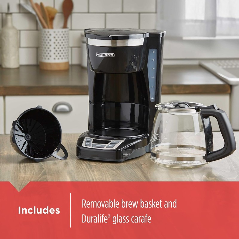 BLACK+DECKER 12-Cup Digital Coffee Maker, Programmable, Washable Basket Filter, Sneak-A-Cup,