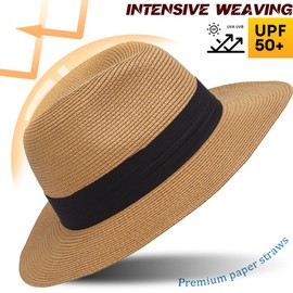 Ruphedy Straw Fedora Sun Hat for Women Wide Brim Panama Beach Hats Foldable UPF 50+ (Light Brown-L)