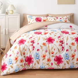 7 Piece Bed in a Bag Queen, Colorful Flower Golden Leaves Botanical Design, Microfiber Bedding Comforter Set for All Season (1 Comforter, 2 Pillow Shams, 1 Flat Sheet, 1 Fitted Sheet, 2 Pillowcases)