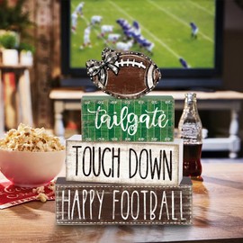 DIYDEC 4Pcs Football Table Decoration Happy Football Wooden Block Sign Fall Rugby Tiered Tray Decor Centerpiece Decorative Faux Book Stack for Holiday Tabletop Coffee Fireplace Shelf Desk Party Decor