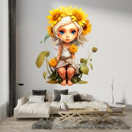 Sunflower Pixies Decals Peel & Stick - Wall Vinyl Stickers - Fantasy Fairy Tale Garden Flowers Floral Colorful Silhouette - Car Window Truck Laptop Tumbler - Boys Girls Kids Room Bedroom DWSVG25068