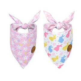 CROWNED BEAUTY Easter Dog Bandanas Reversible Large 2 Pack, Bunny Blooms Set, Plaid Adjustable Triangle Holiday Scarves for Medium Large Extra Large Dogs Pets DB97-L