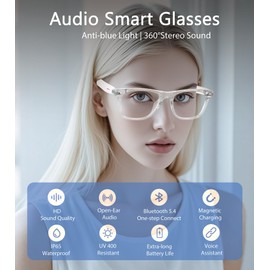 voogil Smart Glasses for Men & Women, Built-in Mic & Speakers Bluetooth Audio Glasses, Blue Light Filter & Polarized UV 400 Protection Lenses Open-Ear Bluetooth Glasses for Android iOS, White