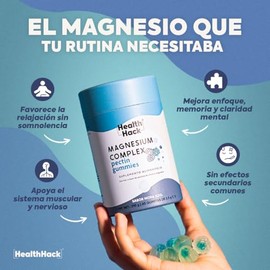 Magnesio Complex 6 Formas Bisglicinato Citrato Gomitas Health Hack  210 g, 60 gomitas, sabor mora azul, 6 formas de magnesio, vitamina B6 y D3,...    