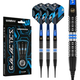 WINMAU Darts Galactics 18g Barrel / 20g Full Weight Soft Tip 90% Professional Tungsten Darts Set with Dart Flights and Dart Shafts (Stems)