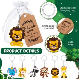 180 Pcs Jungle Animal Keychains Set Safari Animals Party Favors with 60 Animal Keychains 60 Thank You Kraft Tags and 60 White Organza Bag Safari Baby Boy Shower Decorations for Birthday Supplies