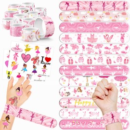 48PCS Ballerina Party Favors 24PCS Tattoos 24PCS Slap Bracelets Wristbands Themed Birthdays Party Supplies Decorations Decor Pattern Girls Boys Gifts School Classroom Prize Carnival Christmas Reward