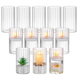 Glasseam Glass Pillar Candle Holder: Set of 12 Hurricane Candle Holders for Floating Candles Decorative Ribbed Vase for Flowers Cylinder Vases for Centerpieces Wedding Dining Table Thanksgiving 5.91’’