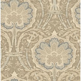 Wallpaper Taupe Beige Gray Blue Large Damascus Damask, 56 Sq Ft Bolt, by Wallquest