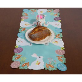 Easter Table Runners for Spring Holiday Home Dining Dresser Scarf Decorations, Applique Cutouts Embroidered Colorful Bunnys Eggs Table Topper, Spring Color,Runner 15"×34"-1PC, Light Blue