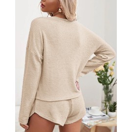 Ekouaer Womens Waffle Knit Pajama Sets Long Sleeve Top and Shorts Matching Lounge Set Sleepwear Loungewear Sweatsuit with Pockets Nude Medium