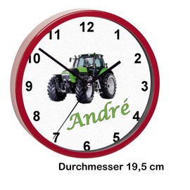 CreaDesign, WU-32-1104 Tractor Wall Clock for Children's Room, Silent Movement without Ticking, Customisable with Name, Red Frame, Diameter 19.5 cm