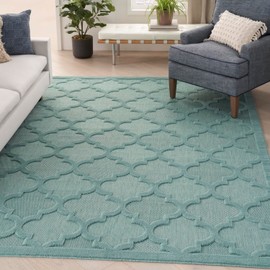 Nourison Easy Care Moroccan Aqua/Teal 8' x 10' Area Rug, Trellis, Easy Cleaning, Non Shedding, Bed Room, Living Room, Dining Room, Backyard, Deck, Patio (8x10)
