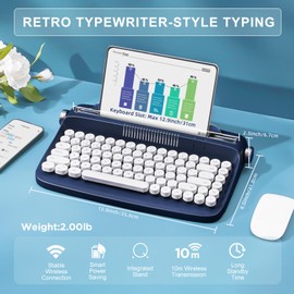 YUNZII ACTTO B303 Wireless Typewriter Keyboard, Bluetooth Connection, Cute Retro Aesthetic Design with Integrated Stand for Tablet, Phone, PC and Win/Mac/Android (B303, Midnight)