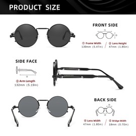 KINGSEVEN Round Sunglasses Men's Polarised Classic Retro Gothic Steampunk Sunglasses Round with UV Protection RH4, Black Grey