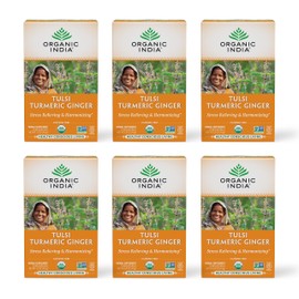 ORGANIC INDIA Tulsi Turmeric Ginger Herbal Tea - Stress Relieving & Harmonizing, Immune Support, Aids Digestion, Vegan, Caffeine-Free - 18 Infusion Bags, 6 Pack