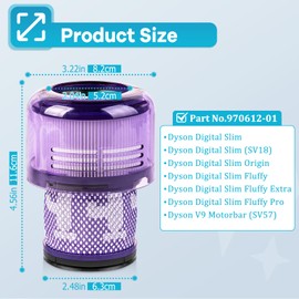 3 Pack V9 Replacement Filter for Dyson Motorbar Digital Slim Fluffy Extra Pro Cordless Vacuum SV18 V9, Replace Part 970612-01