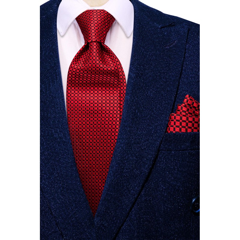 Hi-Tie Mens 70inches Tie Set Black Red Checks Extra Long