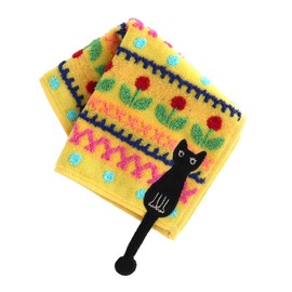 Atsuko Matano 181005-0006-01 Towel Handkerchief (Yellow) [100% Cotton] [Garden with Kittens] Women's Cat Hand Towel, 9.8 inches (25 cm)