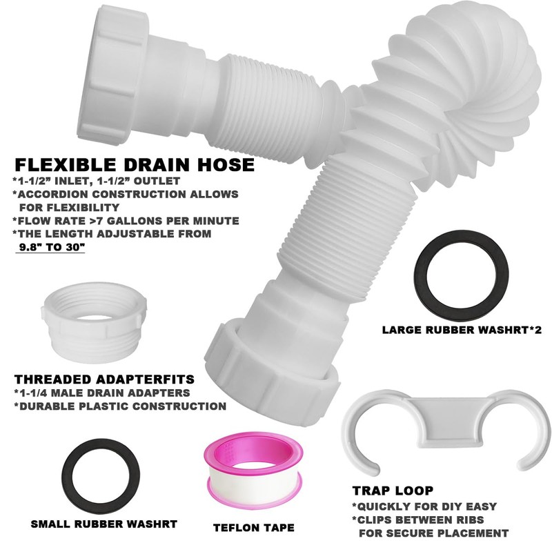 TGEOND Flexible P-Trap 1-1/2""with 1-1/4"" Adapter, Adjustable Sink Drain Pipe