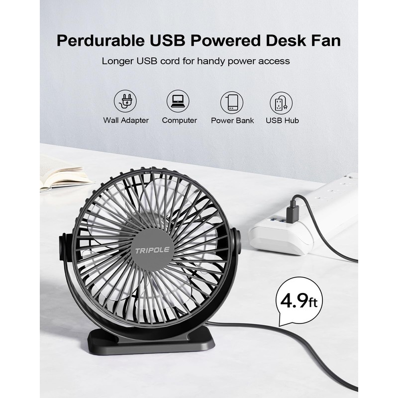 TriPole Small Desk Fan USB Powered Portable Fan 3 Speeds