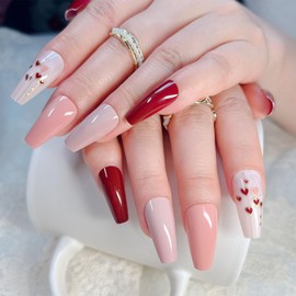 24 Pcs Press on Nails Coffin Medium Pink False Nails with Spun Gold Heart Designs Red Brown Pink Full Cover Artificial Glue on Nails Natural Stick on Nails for Women