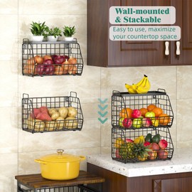 CHLORYARD 3-Tier Stackable Fruit Basket Kitchen Potato Onion Storage Wire Baskets with Tray Top, Wall-mounted & Countertop Tiered Pantry Organizer for Snack, Fruit and Vegeatble Storage