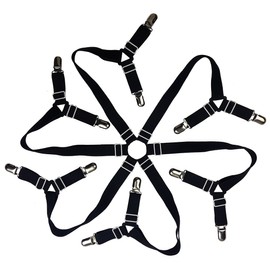 Auivguiv 6 Seiten Einstellbar Elastisch Bettlakenspanner mit Metallklammern, Criss Cross Bettwäsche Hosenträger, Passend für Alle Größen Runde und Quadratische Matratzen (3-Fach Schwarz)