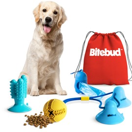 Double Suction Cup Dog Toys Set for Aggressive Chewers 100% Rubber (3 in 1), Teeth Cleaning Toothbrush Toy Stops Plaque & Tarter, Cherry Blossom Waste Bag Dispenser Bonus, Tug of War Toy for Dog's IQ