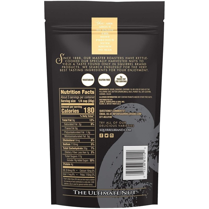 Squirrel Brand Sweet Brown Butter Cashews 3.5oz Resealable Bag Gluten