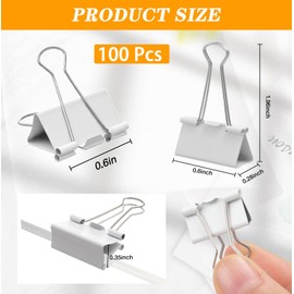 Jetec 100 Pack 0.6in/15mm White Metal Binder Clips Bulk Medium Reusable Fold Back Binder Clips Paper Clamps Spring Steel Sturdy for Home School Office Supplies