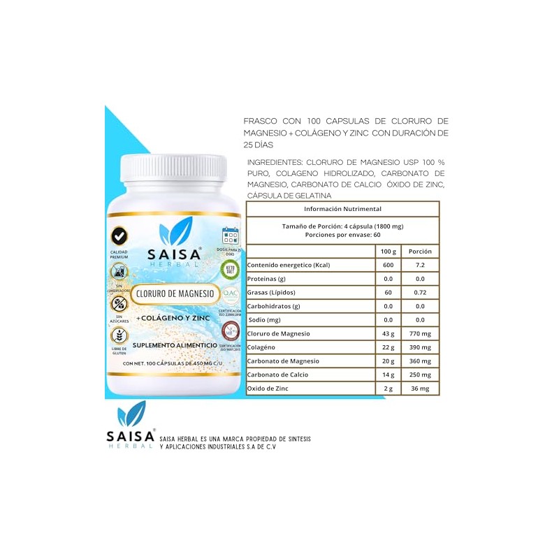 Cloruro de Magnesio + Colageno con 100 cápsulas Saisa Herbal