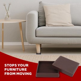 Square Rubber Furniture Caster Cups, 3x3 Inches, Brown, Non-Slip Floor Protectors for Heavy Furniture, 4 Pack