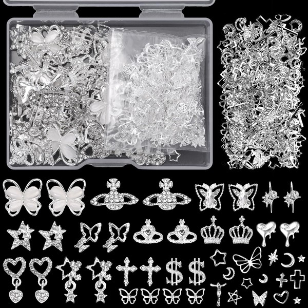 320 Pcs 3D Silver Nail Charms Gems, Butterfly Planet Cross