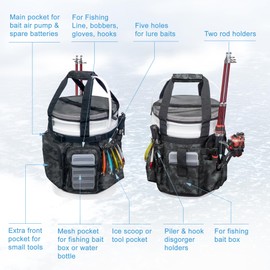 WTVIDAS Fishing Bucket Organizer with Bucket Cover, Ice Fishing Tackle Bag with Rod & Plier Holder, Multi-Pockets for 5 Gallon Bucket Fishing & Boating Accessories Storage